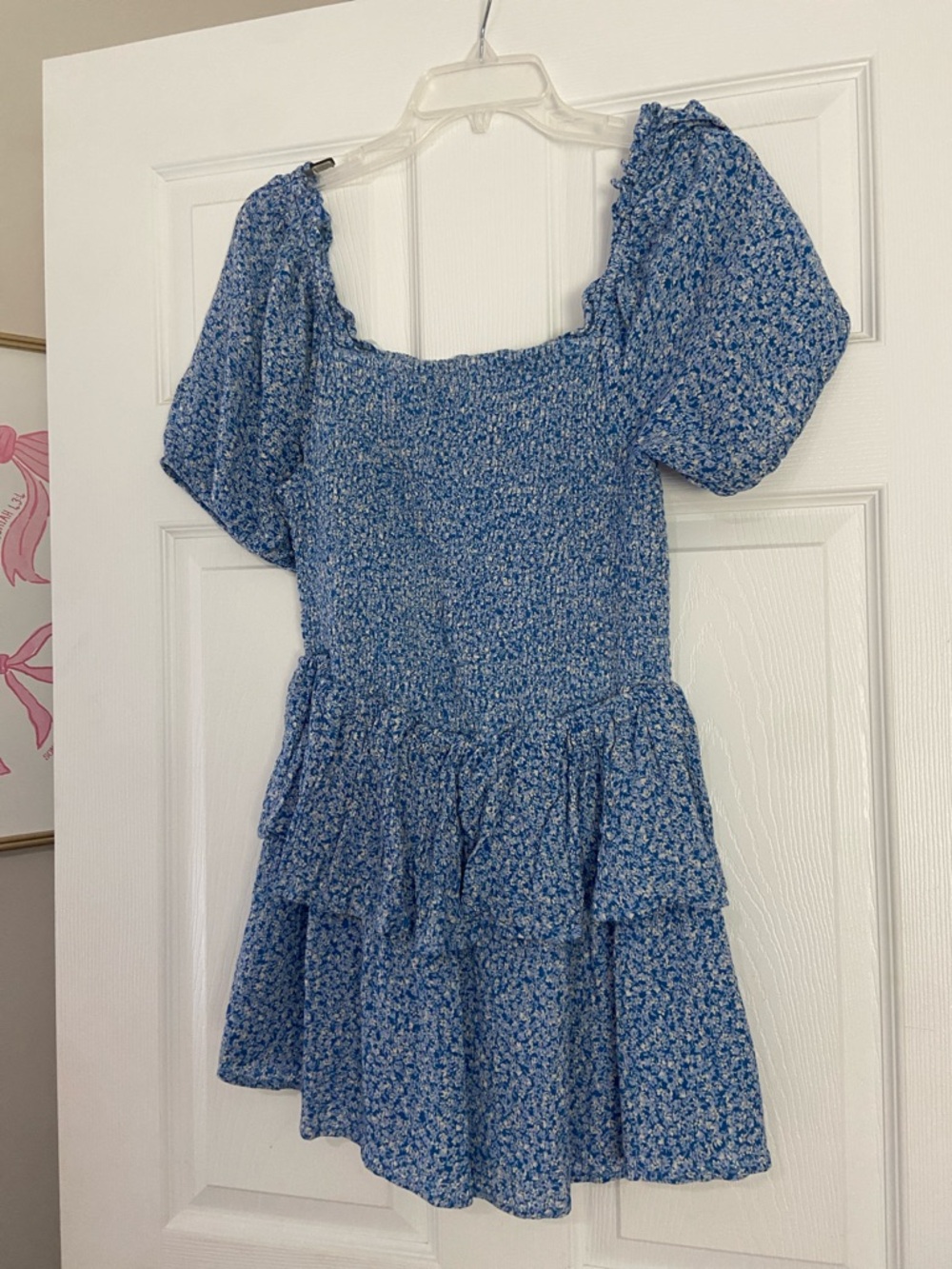 Japna Blue Floral Puff-Sleeve Smocked Dress